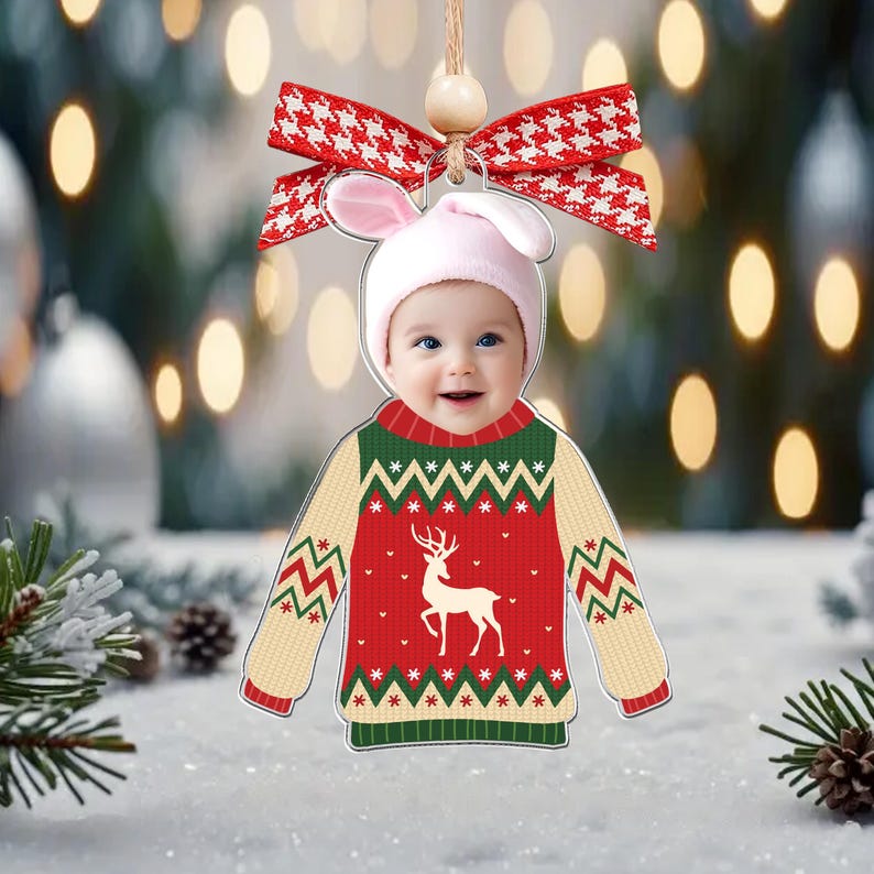 Custom Photo Funny Kid In Christmas Ugly Sweater, Personalized Kid's Face Christmas Ornament, Personalized Acrylic Ornament