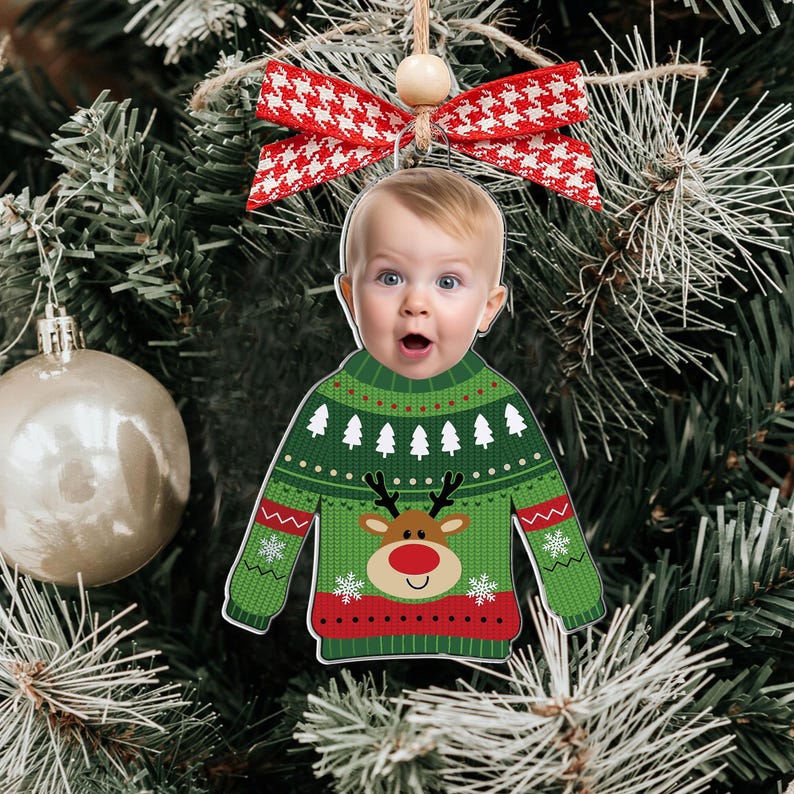 Custom Photo Funny Kid In Christmas Ugly Sweater, Personalized Kid's Face Christmas Ornament, Personalized Acrylic Ornament