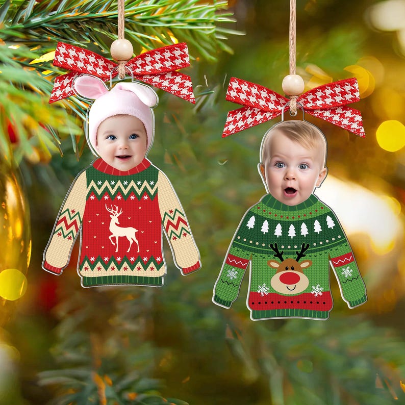 Custom Photo Funny Kid In Christmas Ugly Sweater, Personalized Kid's Face Christmas Ornament, Personalized Acrylic Ornament