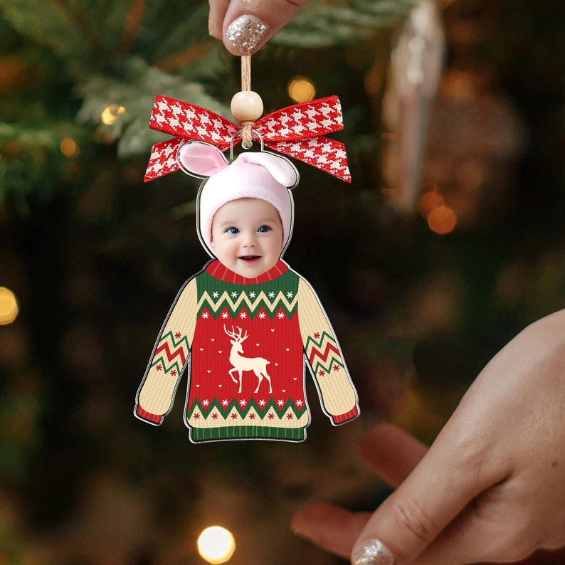 Custom Photo Funny Kid In Christmas Ugly Sweater, Personalized Kid's Face Christmas Ornament, Personalized Acrylic Ornament