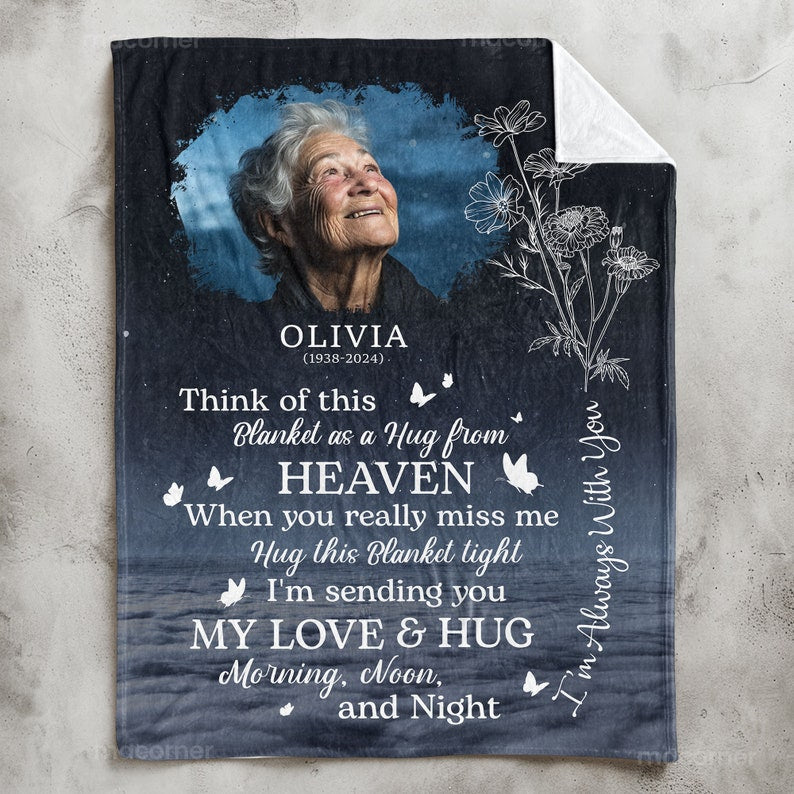 Personalized Memorial Photo Blanket, Think Of This Blanket As A Hug From Heaven, Gift For Loss Of Loved One, Bereavement Gift, Sympathy Gift