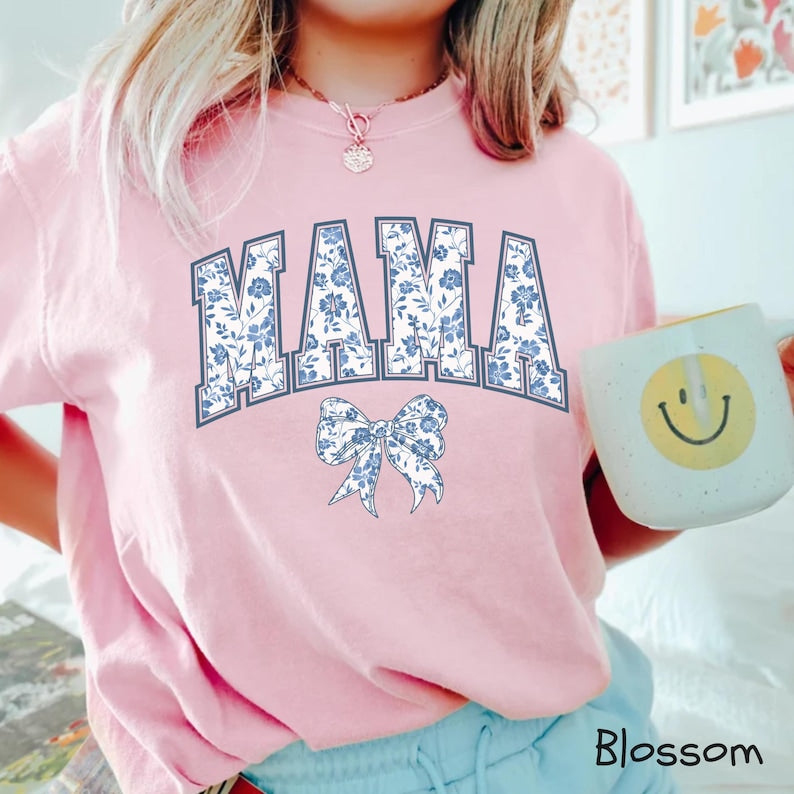 Mama Shirt, Blue Ribbon Shirt, Mothers Day Gift, Girly Aesthetic Gift For Mom, Cute Mom Shirt, Bow Shirt, Chinoiserie Shirt