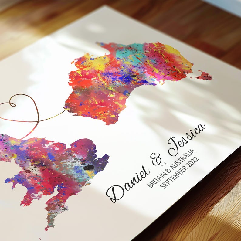 Personalised Map Print - Select two countries - Customisable Map Art - Perfect Travel Gift - Available in 6 Colours