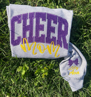 Cheer Mom, Cheer Custom Title with Name on Sleeve Glitter Applique Embroidered Sweatshirt