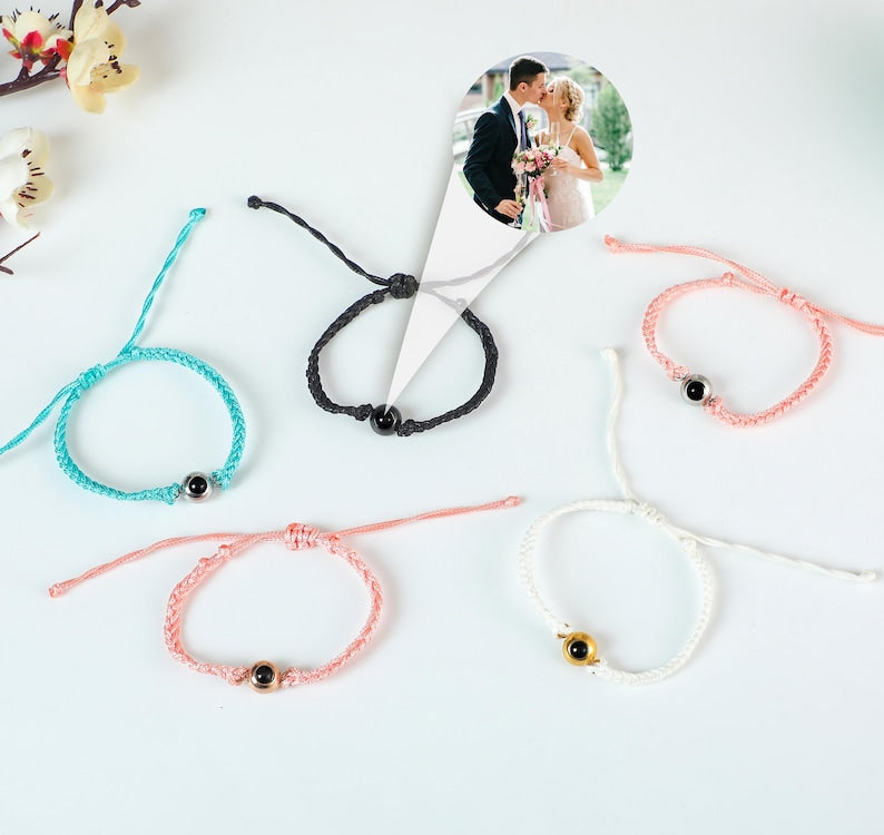 Personalized Circle Photo Bracelet, Projection Bracelet, Custom Braided Rope Picture Bracelet, Memorial Couple Gifts For Her Women Him