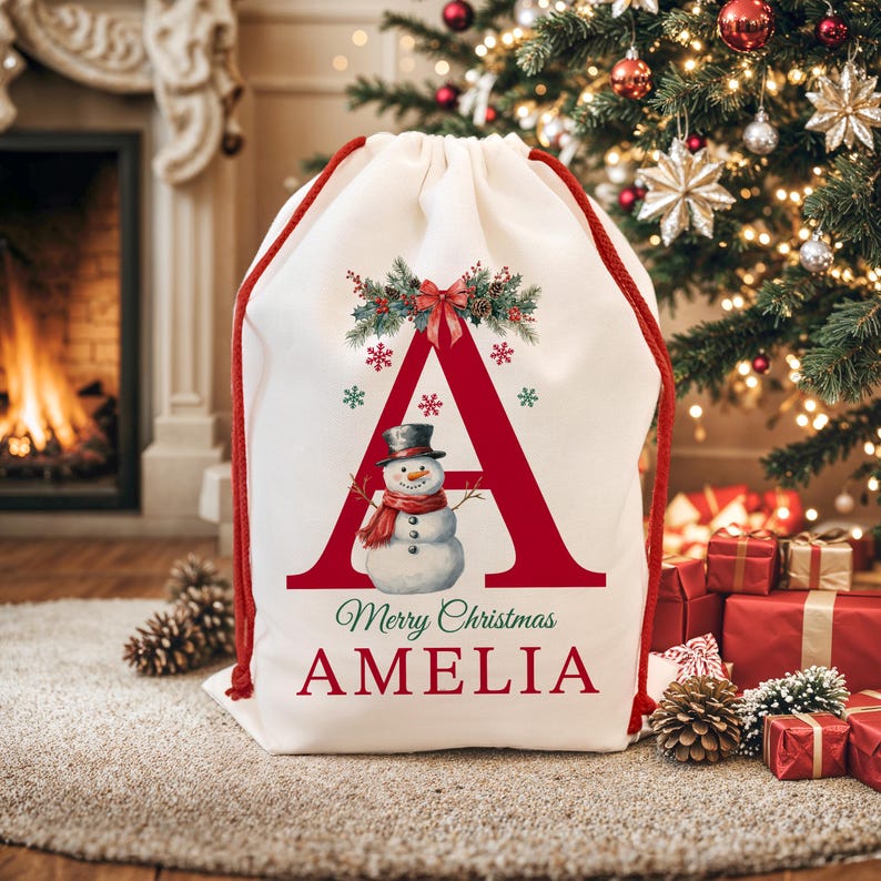 Premium Custom Santa Sack | Thick Canvas Personalised Christmas Present Gift Bag for Him Her Kids Adults | Add Name Initial Xmas Stocking