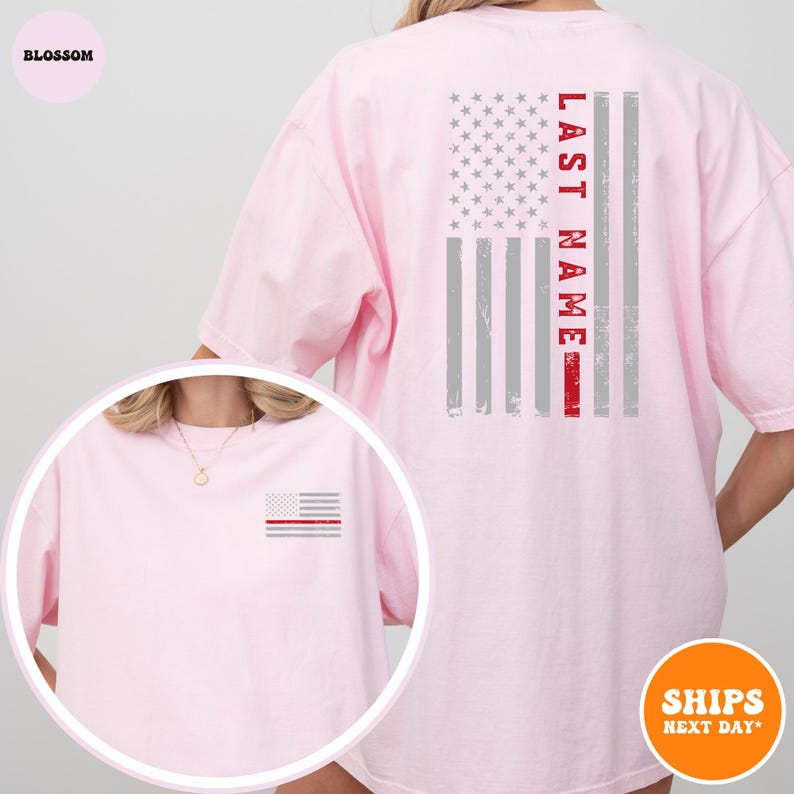 Custom Last Name Firefighter T-shirt | Thin Red Vertical Line Flag | Personalized Firefighter Shirt | Custom Fireman Gift | Comfort Colors