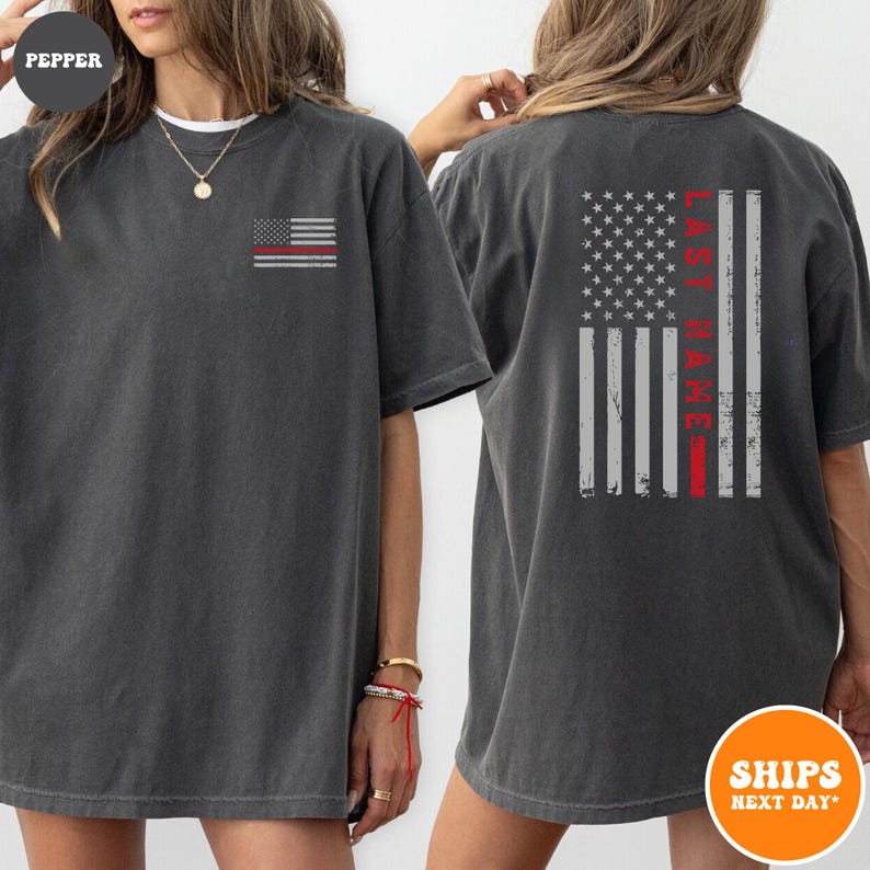 Custom Last Name Firefighter T-shirt | Thin Red Vertical Line Flag | Personalized Firefighter Shirt | Custom Fireman Gift | Comfort Colors