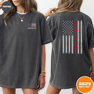 Custom Last Name Firefighter T-shirt | Thin Red Vertical Line Flag | Personalized Firefighter Shirt | Custom Fireman Gift | Comfort Colors