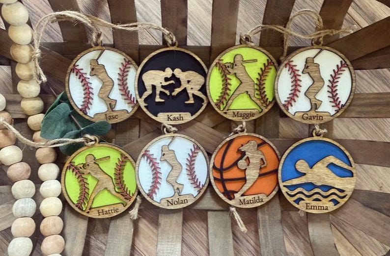 Personalized Sports Ornaments | Wooden Sports Ornaments | Sports Ornament Custom Name Baseball Basketball Swim Volleyball Tennis Hockey