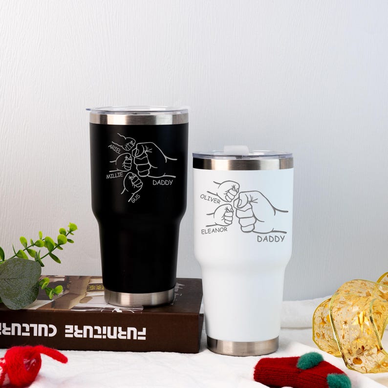 Dad Fist Bump Kids Names Tumbler, Christmas Gift for Daddy, Tumbler 30oz Stainless Steel Cup, Personalised Tumbler for Dad
