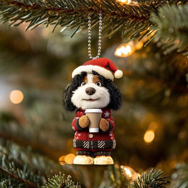 Funny Bernedoodle Ornament, Bernedoodle Dog Drinking Coffee Ornament, Cute Dog 2D Flat Ornament, Christmas Gifts, Dog Lover Gifts