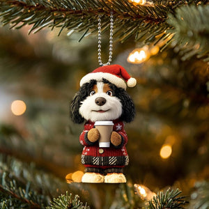 Funny Bernedoodle Ornament, Bernedoodle Dog Drinking Coffee Ornament, Cute Dog 2D Flat Ornament, Christmas Gifts, Dog Lover Gifts