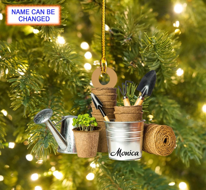Custom Name Garden Tool Christmas Ornament, Christmas Tree Hanging Decor, Flat 2D Ornament Acrylic/ Wooden, Gardening Lover Gift