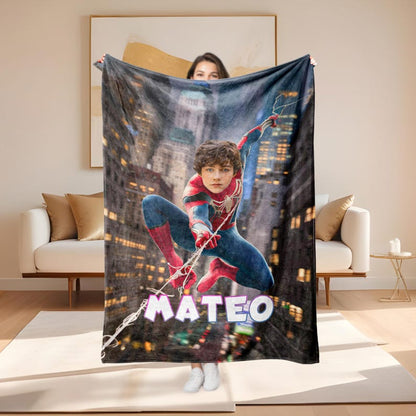 Personalized Spider Superhero Blanket, Custom Face Blanket with Name, Headshot Cozy Blanket, Nursery Blanket Bedding,Christmas Gift For Kids