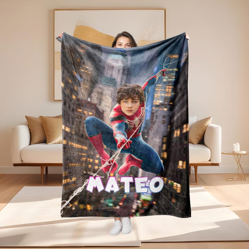 Personalized Spider Superhero Blanket, Custom Face Blanket with Name, Headshot Cozy Blanket, Nursery Blanket Bedding,Christmas Gift For Kids