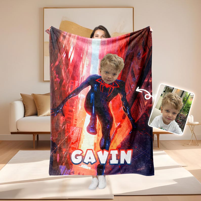 Personalized Spider Superhero Blanket, Custom Face Blanket with Name, Headshot Cozy Blanket, Nursery Blanket Bedding,Christmas Gift For Kids