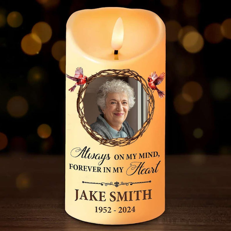 Custom Photo Always On My Mind Forever In My Heart - Memorial Personalized Custom LED Candle - Sympathy Gift For Family Members