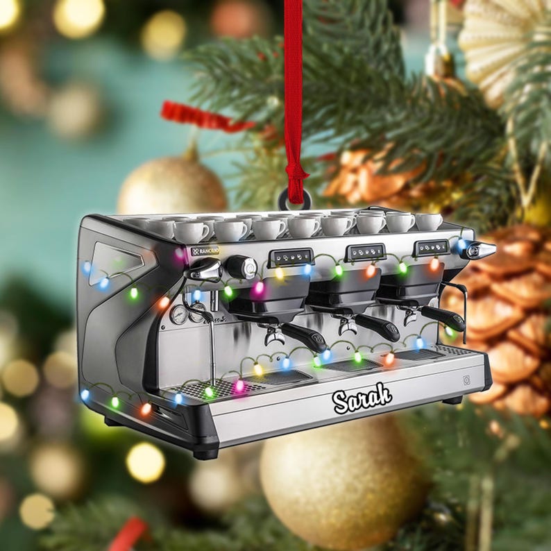 Personalized Coffee Machine Ornament, Flat 2D Christmas Gift for Coffee Lovers, Barista Gift, Custom Name Coffee Shop Decor, Coffee gifts
