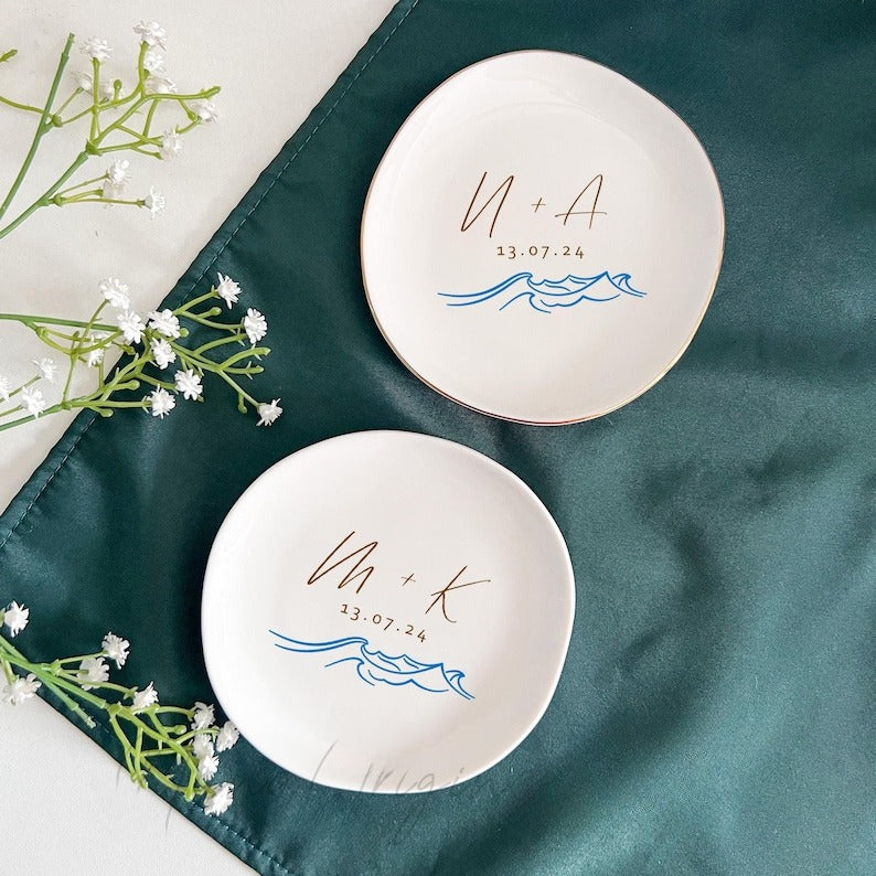 Custom Initial Name Wedding Ring Dish, Sea Wave Jewelry Dish For Bride, Trinket Dish Ring Holder, Minimalist Beach Wedding Gift
