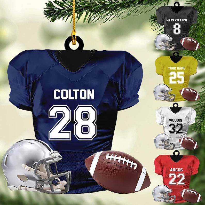 Custom American Football Jersey Ornament, Football Helmet And Ball, Custom Name Ornamen, Custom Football Uniform, Love Football Ornament