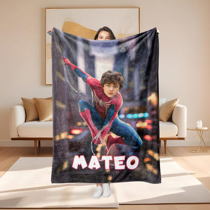 Personalized Spider Superhero Blanket, Custom Face Blanket with Name, Headshot Cozy Blanket, Nursery Blanket Bedding,Christmas Gift For Kids