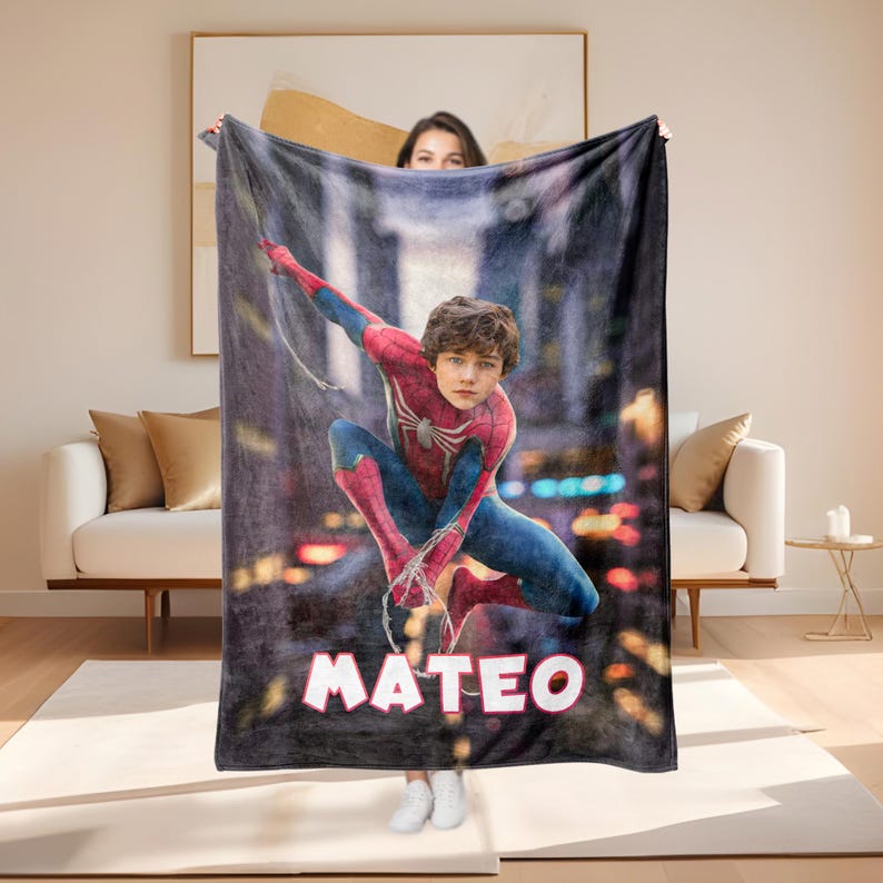 Personalized Spider Superhero Blanket, Custom Face Blanket with Name, Headshot Cozy Blanket, Nursery Blanket Bedding,Christmas Gift For Kids