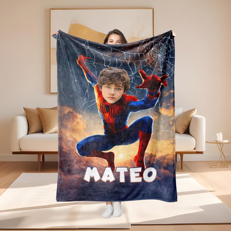Personalized Spider Superhero Blanket, Custom Face Blanket with Name, Headshot Cozy Blanket, Nursery Blanket Bedding,Christmas Gift For Kids
