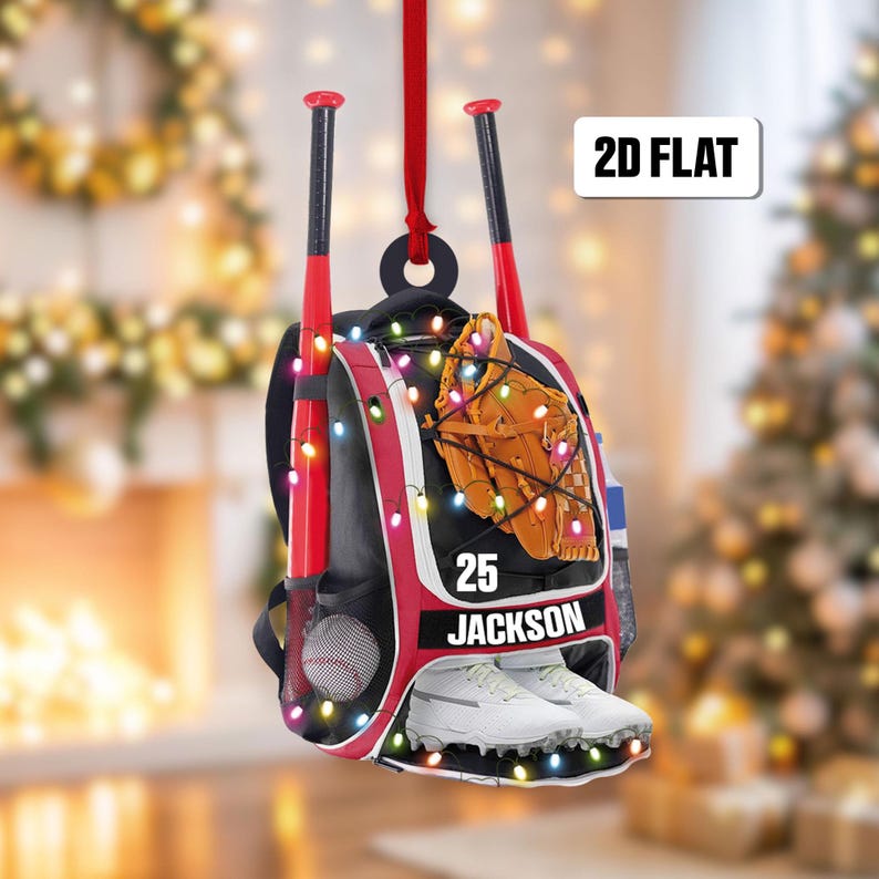 Personalized Baseball Bag 2D Flat Ornament, Baseball Player Gear Ornament, Baseball Custom Name Keepsake, Baseball Christmas Ornament