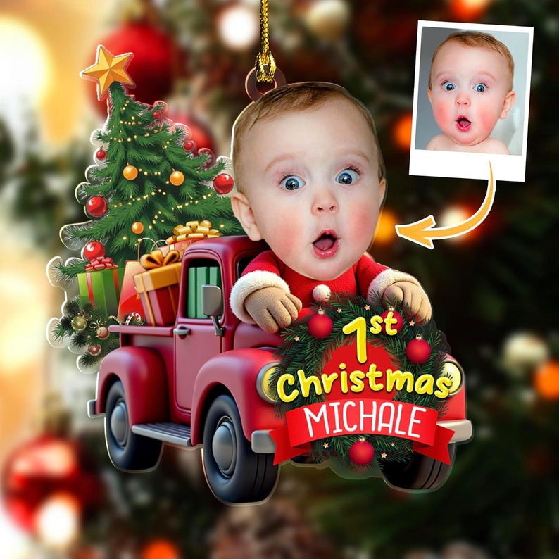 Personalized Photo Baby First Christmas Ornament 2025, Christmas Newborn Baby Gifts for New Mom Dad Grandma Grandpa 2D Flatten Ornament