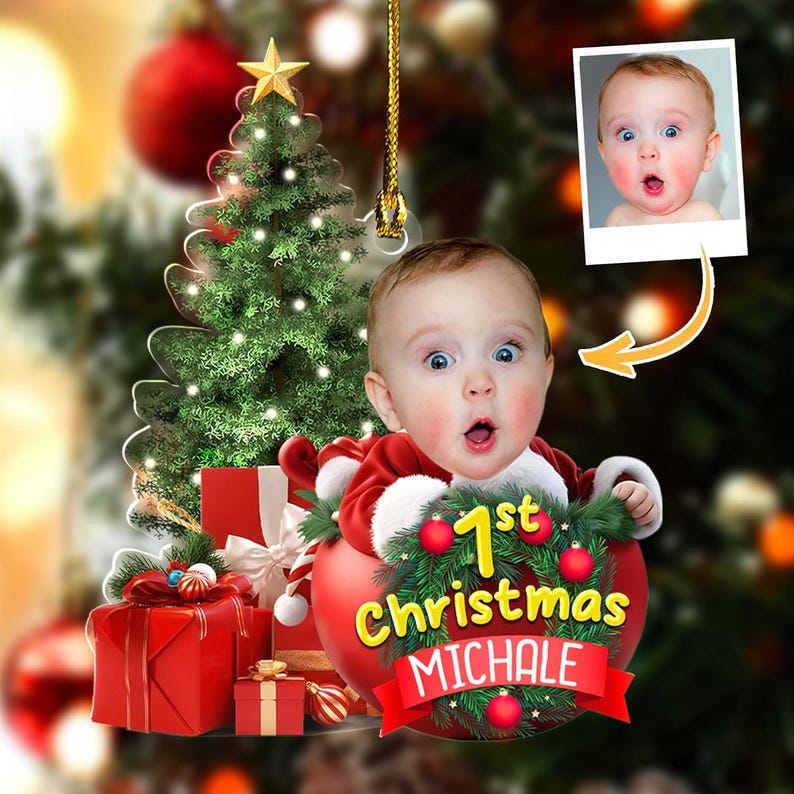 Personalized Photo Baby First Christmas Ornament 2025, Christmas Newborn Baby Gifts for New Mom Dad Grandma Grandpa 2D Flatten Ornament