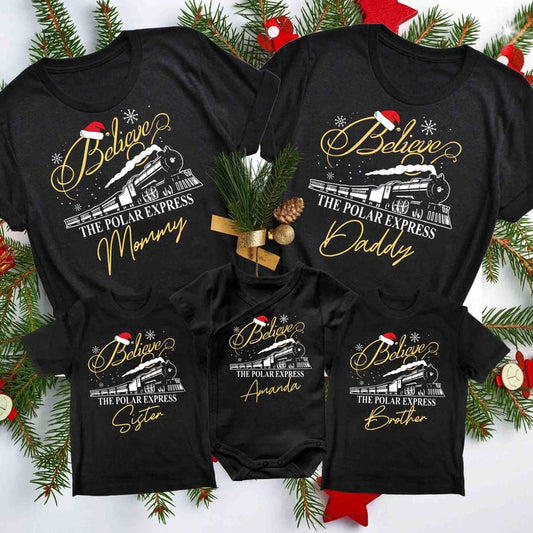 Custom Name Polar Express Family Vacation Shirts, Xmas Crewneck Sweater, Believe Christmas Pajamas for Family, Polar Express Train Shirt