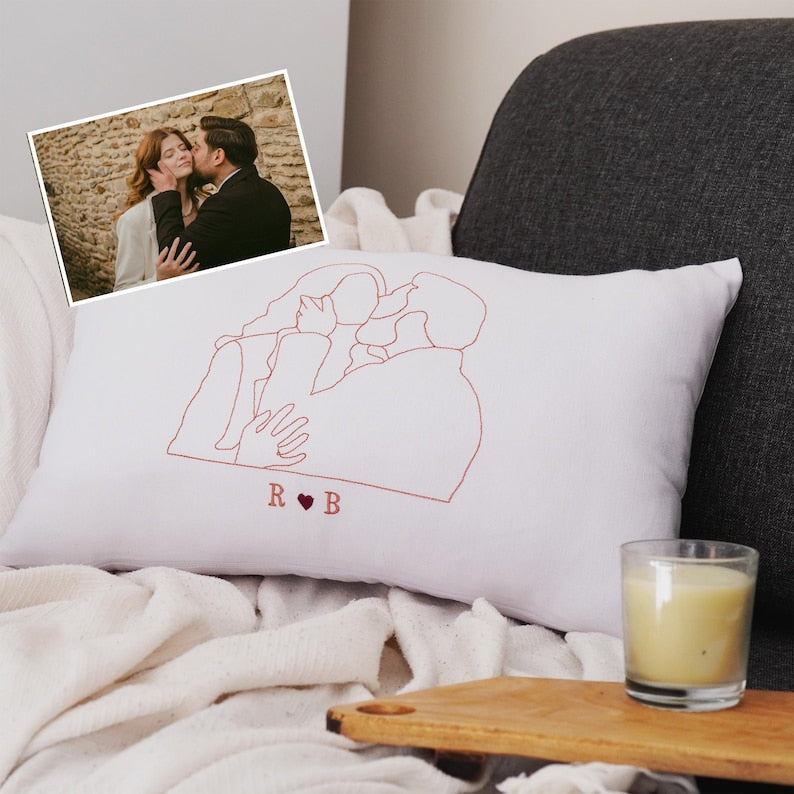 Custom Embroidered Photo Pillow, Personalized Line Art, Cotton Anniversary Gift