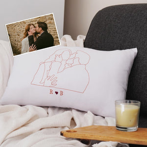 Custom Embroidered Photo Pillow, Personalized Line Art, Cotton Anniversary Gift