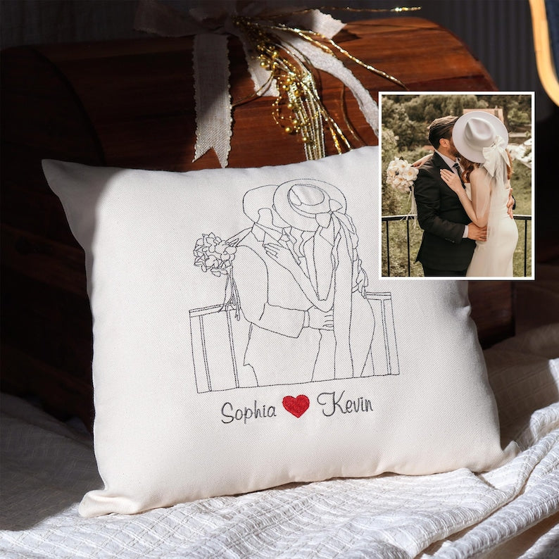 Custom Embroidered Photo Pillow, Personalized Line Art, Cotton Anniversary Gift