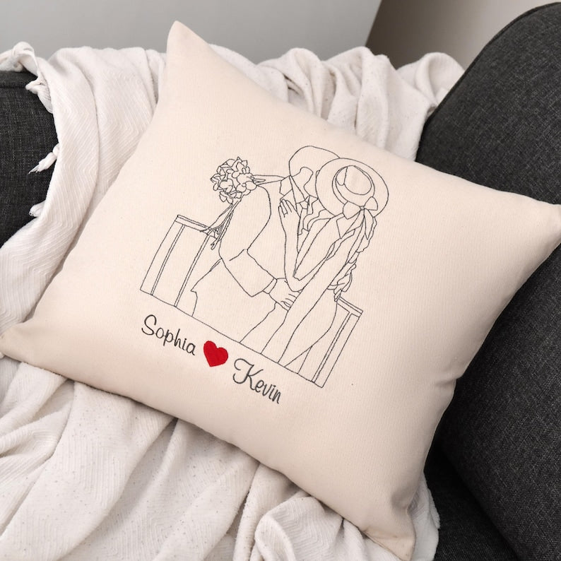 Custom Embroidered Photo Pillow, Personalized Line Art, Cotton Anniversary Gift