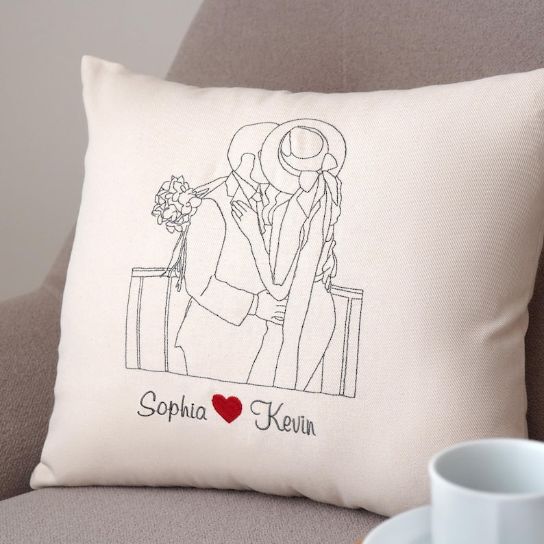 Custom Embroidered Photo Pillow, Personalized Line Art, Cotton Anniversary Gift