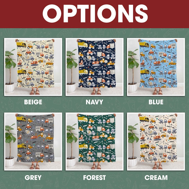 Construction Truck Baby Name Blanket, Custom Baby Boy Nursery Decor, Dump Truck Tractor Excavator Theme Blanket, Personal Baby Shower Gift