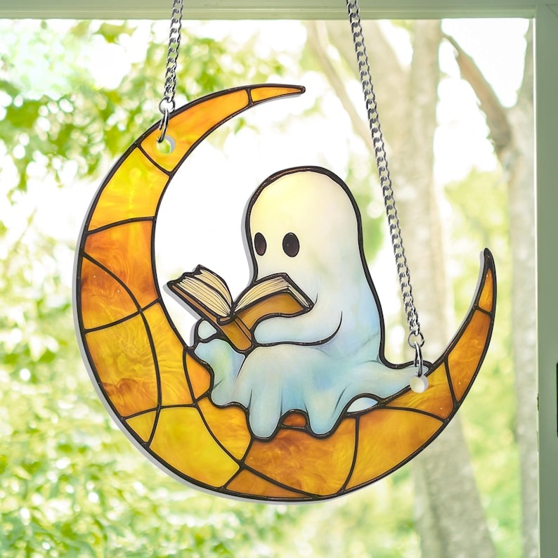 Suncatcher Ghost Reading Book On Moon Acrylic Hanging, Reading Book Suncatcher, Reading Gifts, Housewarming Gifts Decor, Book Lover Gift