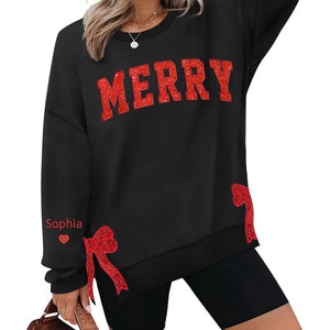 Custom Merry Side Bow Cut-Out Sweatshirt With Glitter, Trendy Coquette Bow, Side Bow Applique Sweatshirt Christmas Sweatshirt, Merry Xmas