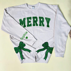 Custom Merry Side Bow Cut-Out Sweatshirt With Glitter, Trendy Coquette Bow, Side Bow Applique Sweatshirt Christmas Sweatshirt, Merry Xmas