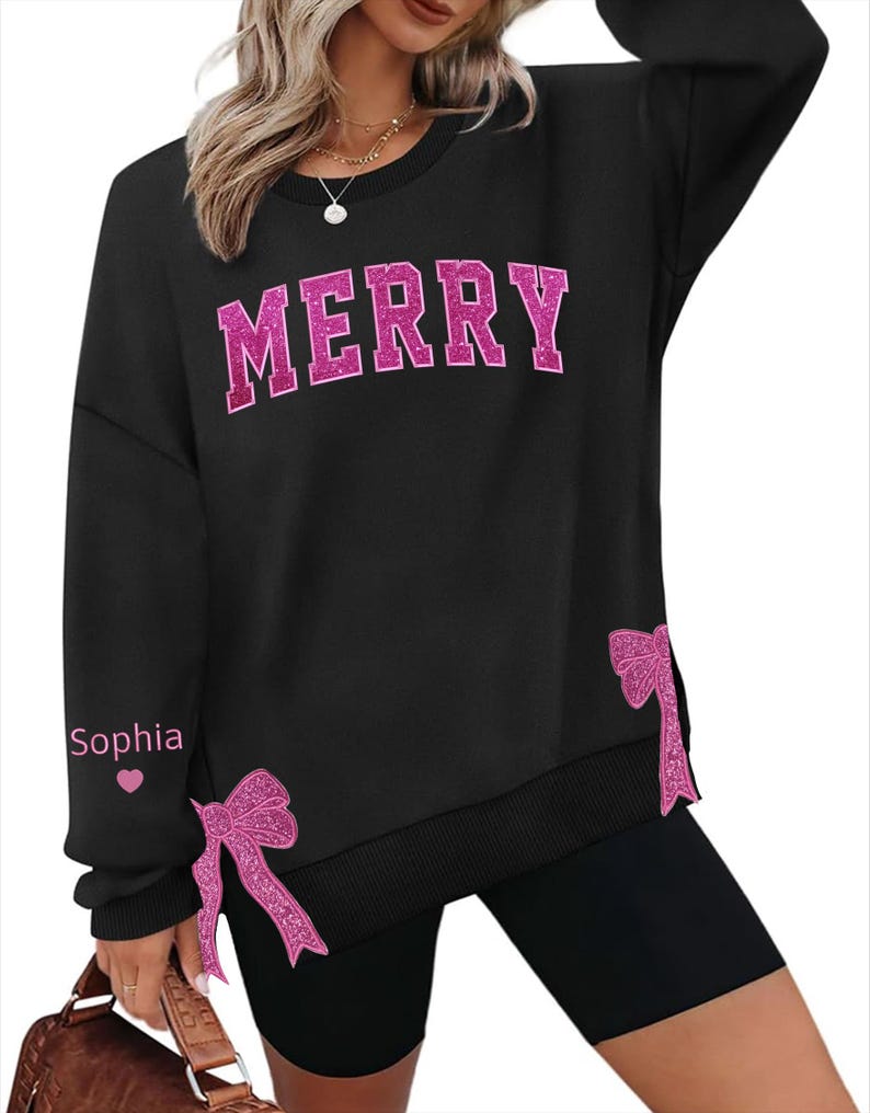 Custom Merry Side Bow Cut-Out Sweatshirt With Glitter, Trendy Coquette Bow, Side Bow Applique Sweatshirt Christmas Sweatshirt, Merry Xmas