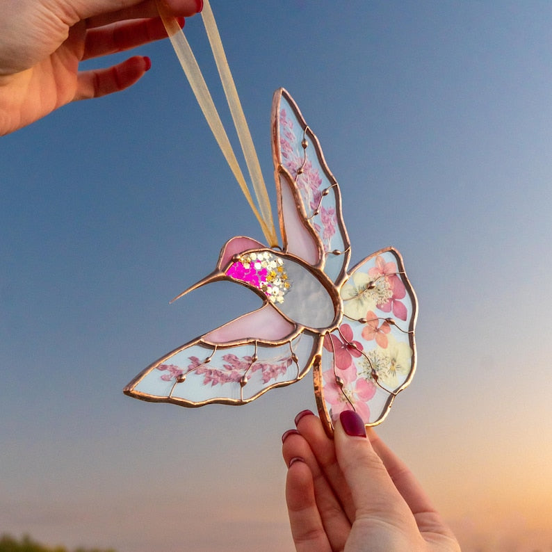Hummingbird Stained Glass Window Hangings Christmas Gifts Pressed Flower Art Custom Stained Glass Hummingbird Suncatcher Gifts For Mom