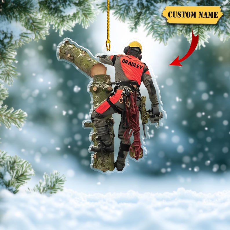 Personalized Tree Climber Ornament 2D Acrylic, Custom Arborist Christmas Tree Decor, Xmas Logger Gift for Dad, Arborist Xmas Ornament