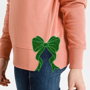 Side Bow Applique Sweatshirt Embroidery, Green Glitter Bow, Christmas Embroidery Sweatshirt, Bow Applique, Motif/Quilted