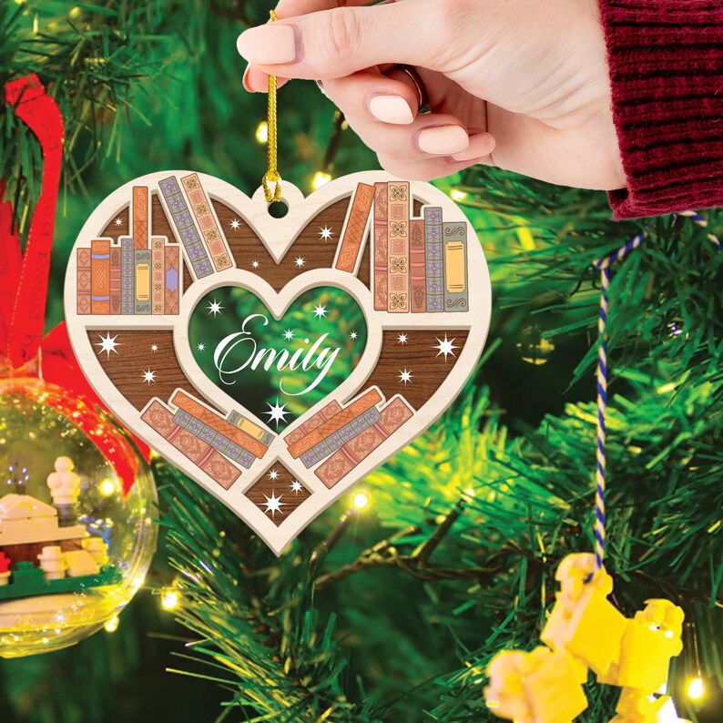 Custom Bookshelf Heart Christmas 4D Ornament, Bookworm Wood and Acrylic Ornament, Book Lover Tree Decor, Bookish Gift, Librarian Ornament