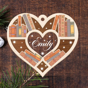 Custom Bookshelf Heart Christmas 4D Ornament, Bookworm Wood and Acrylic Ornament, Book Lover Tree Decor, Bookish Gift, Librarian Ornament