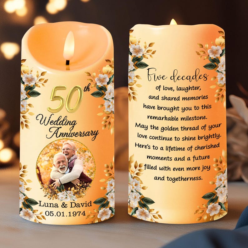Personalized Photo 50th Wedding Anniversary Gift Led Candle, 50 Gold Wedding Gifts For Parents, Golden 50 Anniversary Gift, Christmas Decor