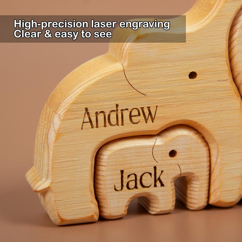 Custom Engraved Wooden Elephant Family Puzzle, Personalized 2-6 Person Animal Figurines, Ideal for Anniversaries & Home Decor