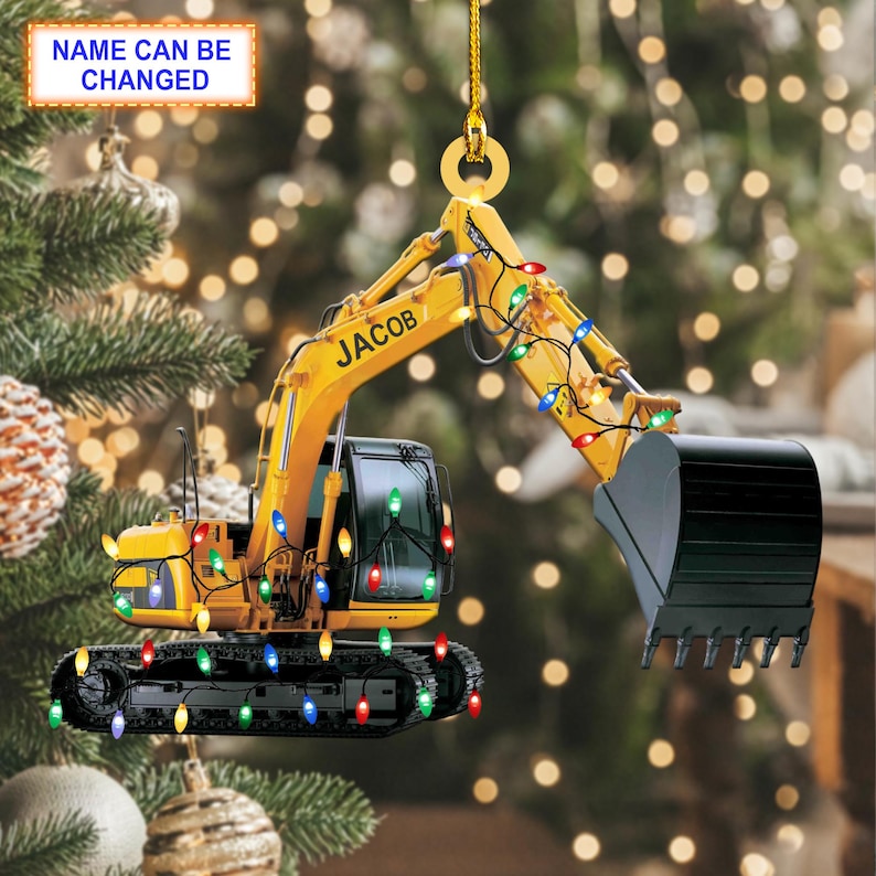 Custom Name Excavator Led Light V1 Christmas Ornament Vehicle, Christmas Tree Hanging Decor, Flat 2D Ornament Acrylic/Wooden